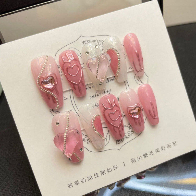 Glitter Press On Nails|Pink Melting Heart Press on Nails with Chain|kawaii nails relief oil painting nails|Free Tool Kit Set Included