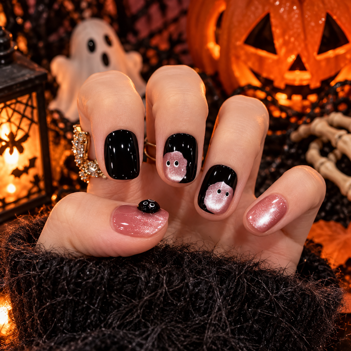 Pink Ghost Halloween Press On Nails – Black Cat Eye Nails | Removable and Reusable | Free Tool Kit Included