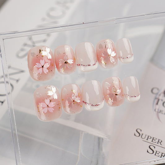 Short Gentle Pink Hand-Painted Cherry Blossom Press On Nails| French-style Transparent High-end Handmade Nails|Free Tool Kit Set Included