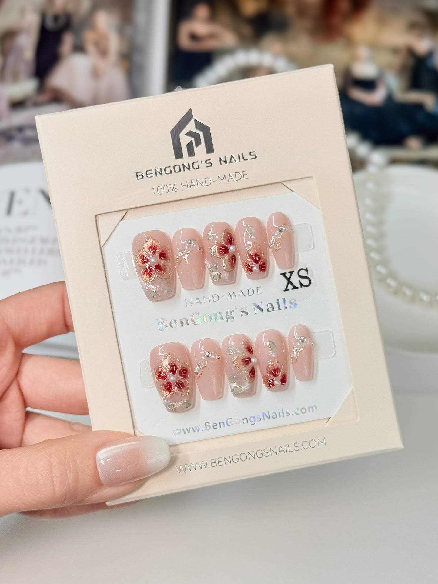 3 Nails Shapes | Blush Enamel-Inspired Red Florals | Handmade Press-On Nails | Removable and Reusable | Free Tool Kit Included