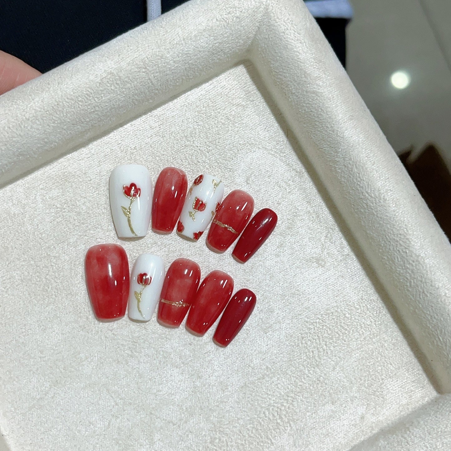 Aria in Red Handmade Press-On Nails | Meduim Coffin | Removable and Reusable | Free Tool Kit Included