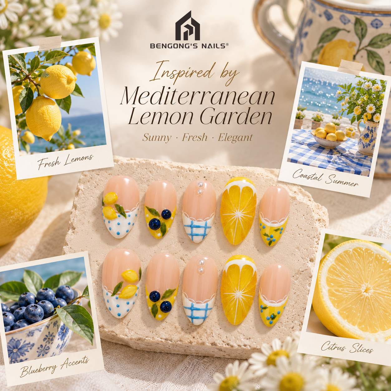 Amalfi Lemon Picnic | Short Almond Handmade Press-On Nails | Handmade Press-On Nails | Removable and Reusable | Free Tool Kit Included