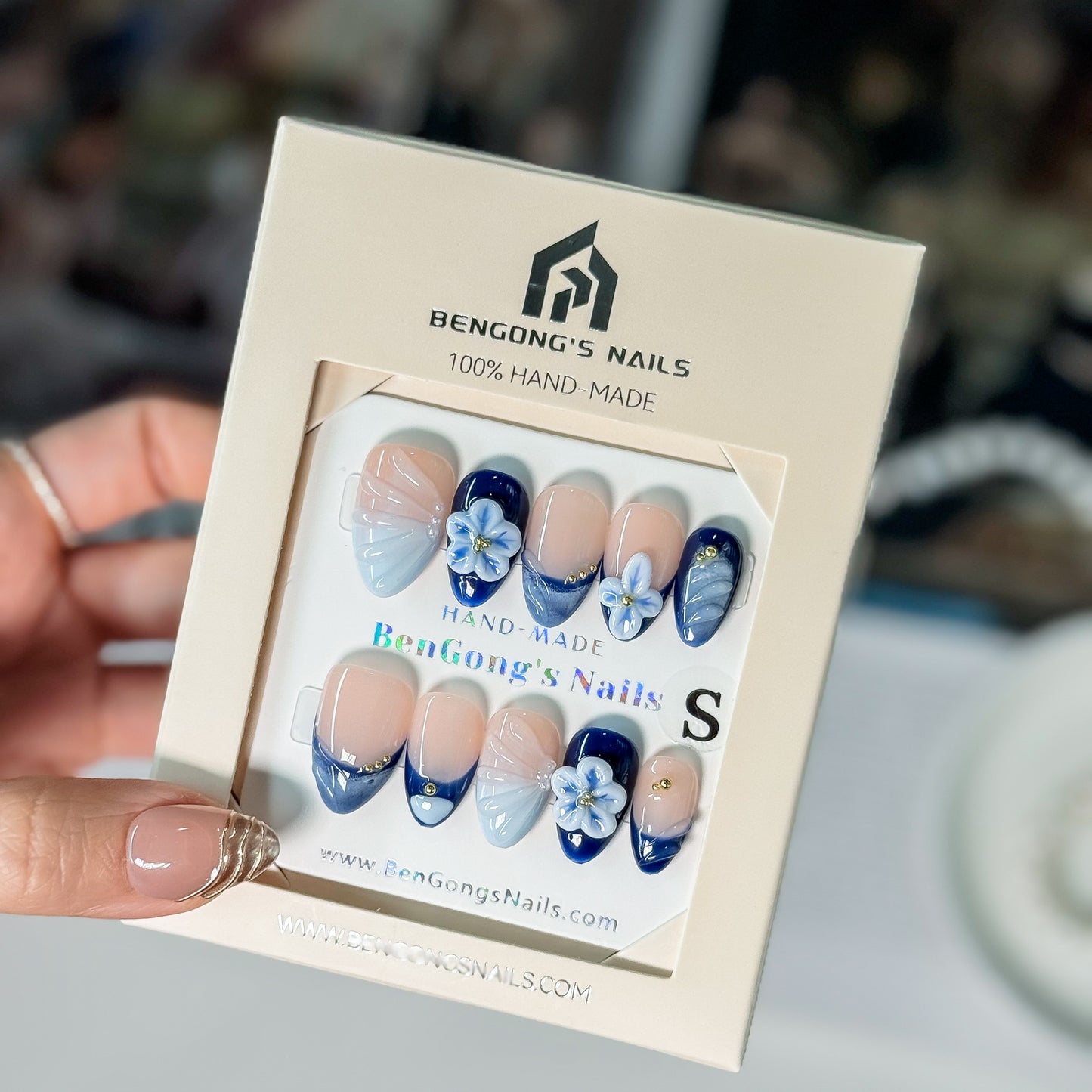 Blue Mirage Bloom | Short Almond | Handmade Press-On Nails | Removable and Reusable | Free Tool Kit Included