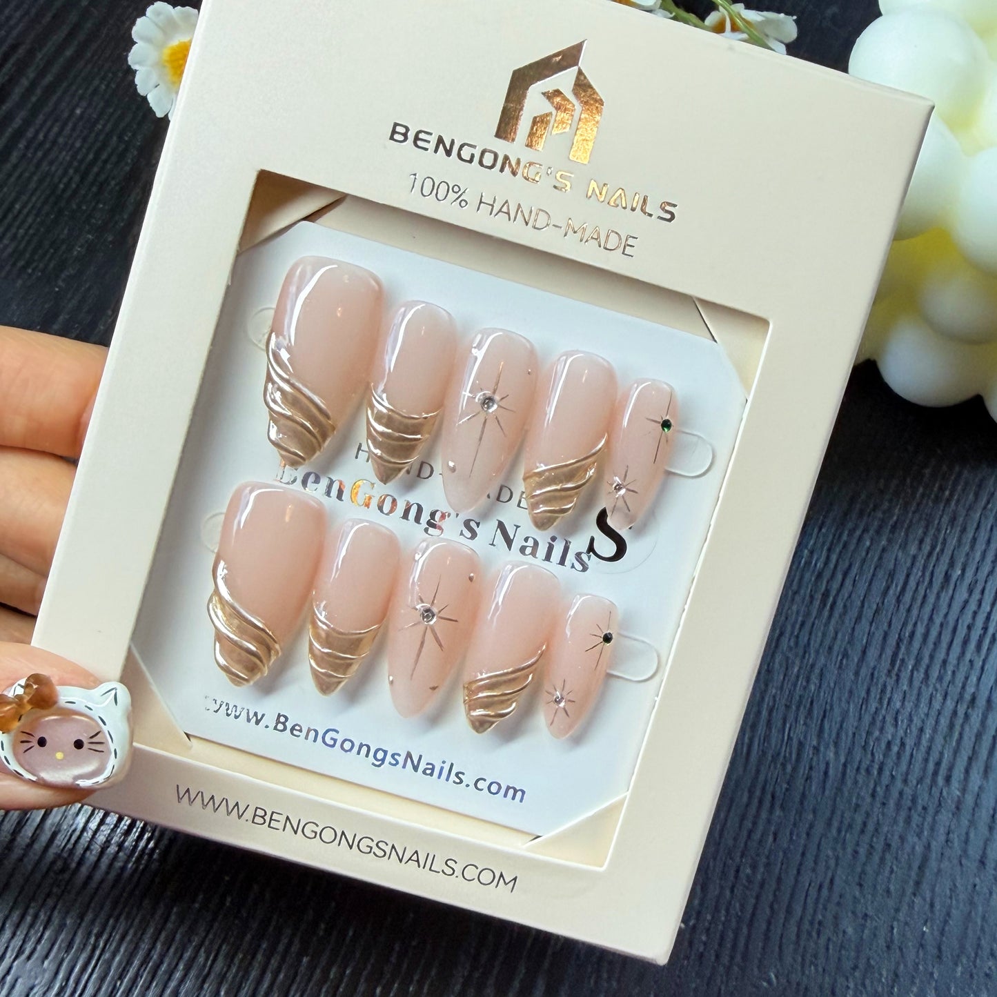 2 Shapes | Golden Whisper | Handmade Press-On Nails | Removable and Reusable | Free Tool Kit Included