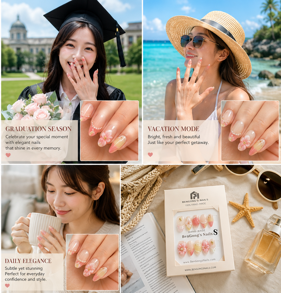 Blossom Promise | Short Almond | Handmade Press-On Nails | Removable and Reusable | Free Tool Kit Included