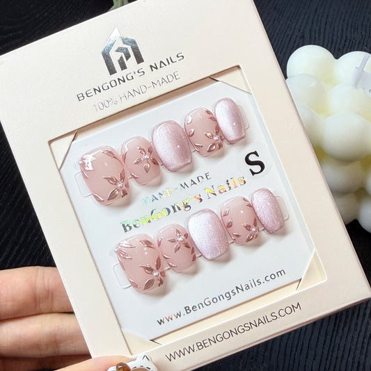 Rosé Petal | Short Square | Handmade Press-On Nails | Removable and Reusable | Free Tool Kit Included