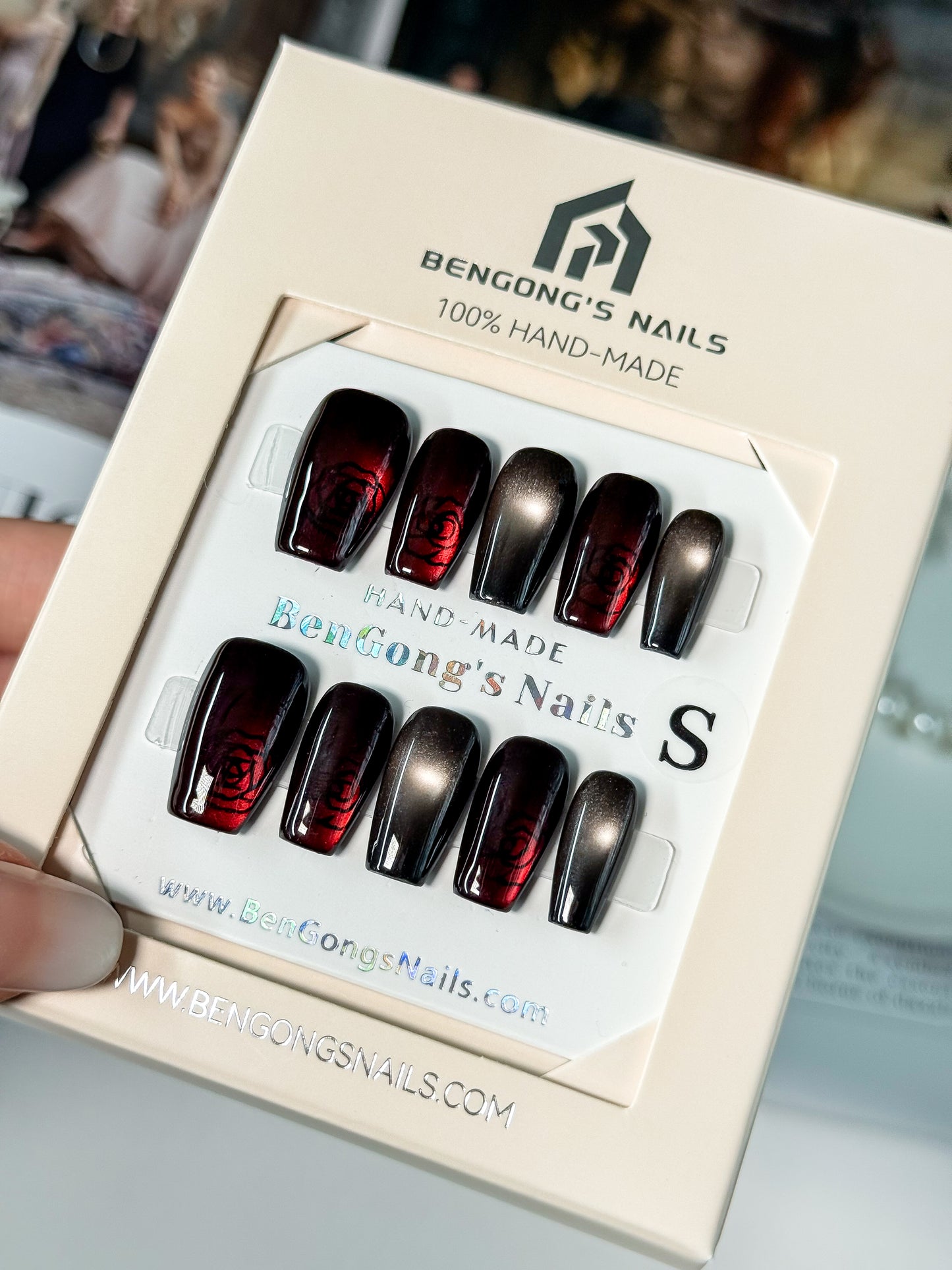 3 Nail Shapes | Crimson Rose in Black Cat-Eye | |Handmade Press-On Nails | Removable and Reusable | Free Tool Kit Included