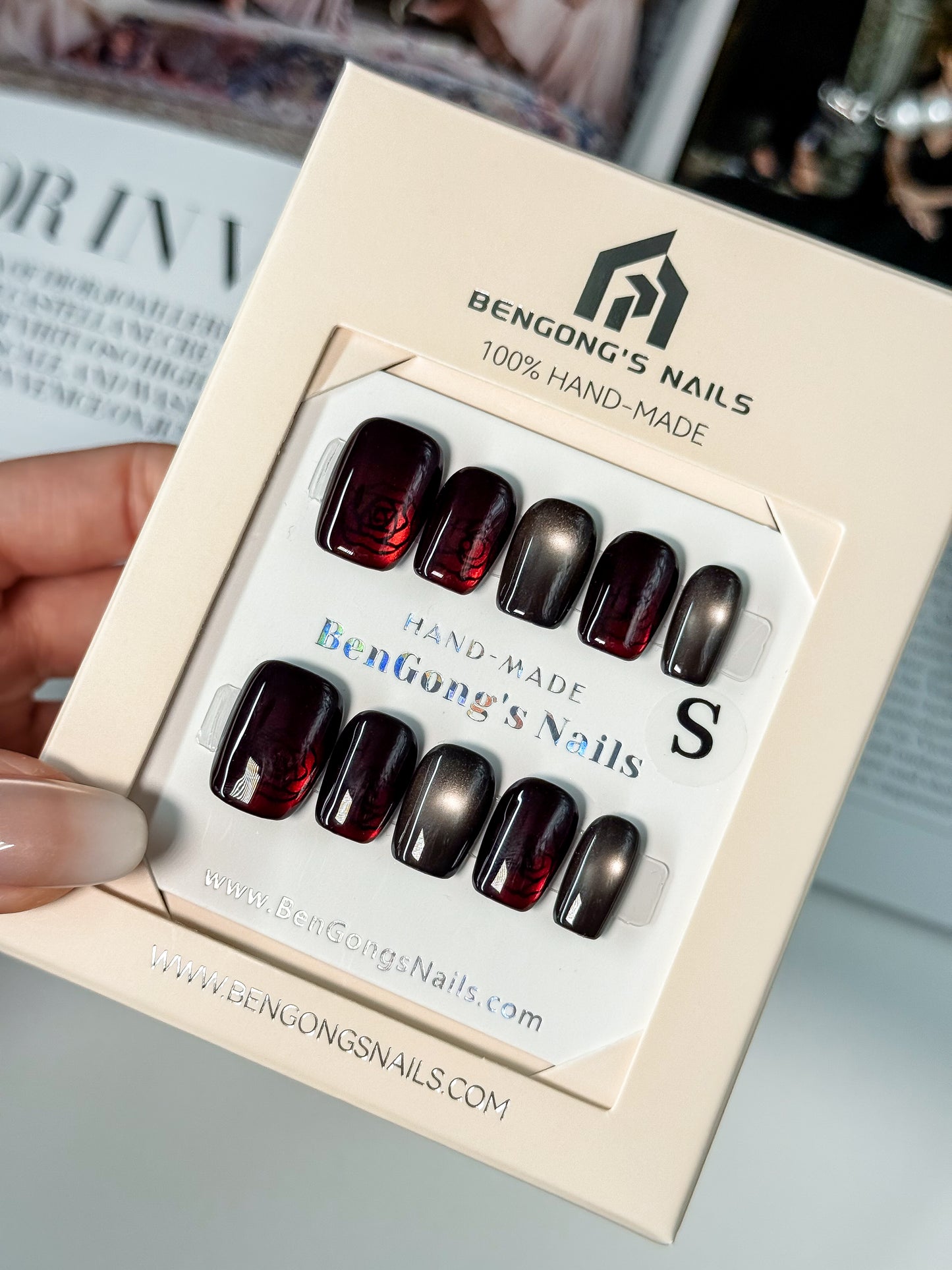 3 Nail Shapes | Crimson Rose in Black Cat-Eye | |Handmade Press-On Nails | Removable and Reusable | Free Tool Kit Included