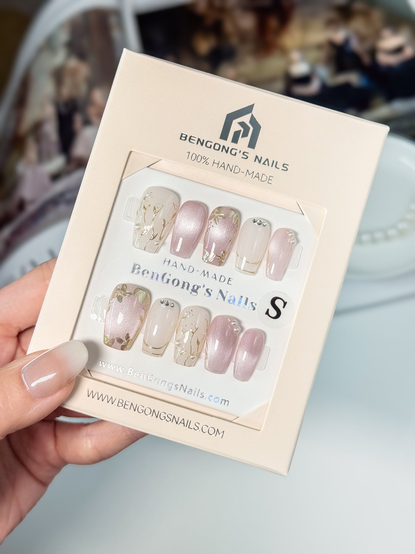 2 Nail Shapes | Champagne Blush with Gold Foil | Handmade Press-On Nails | Removable and Reusable | Free Tool Kit Included