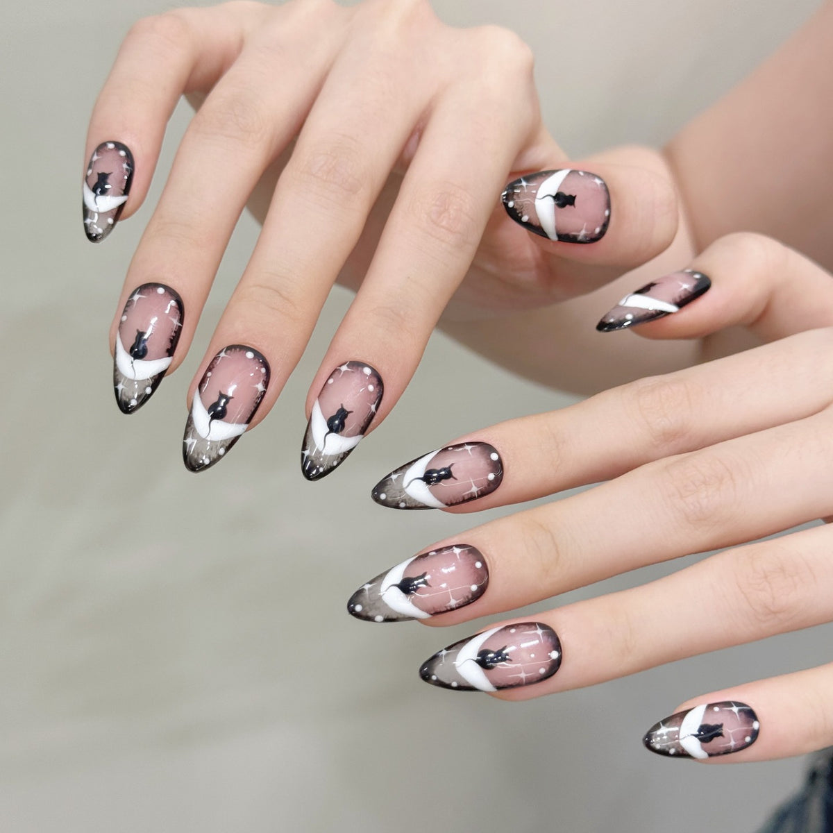 Midnight Black Cat Halloween Press On Nails – Almond French Tips | Removable and Reusable | Free Tool Kit Included