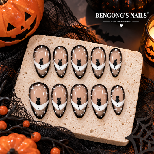 Midnight Black Cat Halloween Press On Nails – Almond French Tips | Removable and Reusable | Free Tool Kit Included
