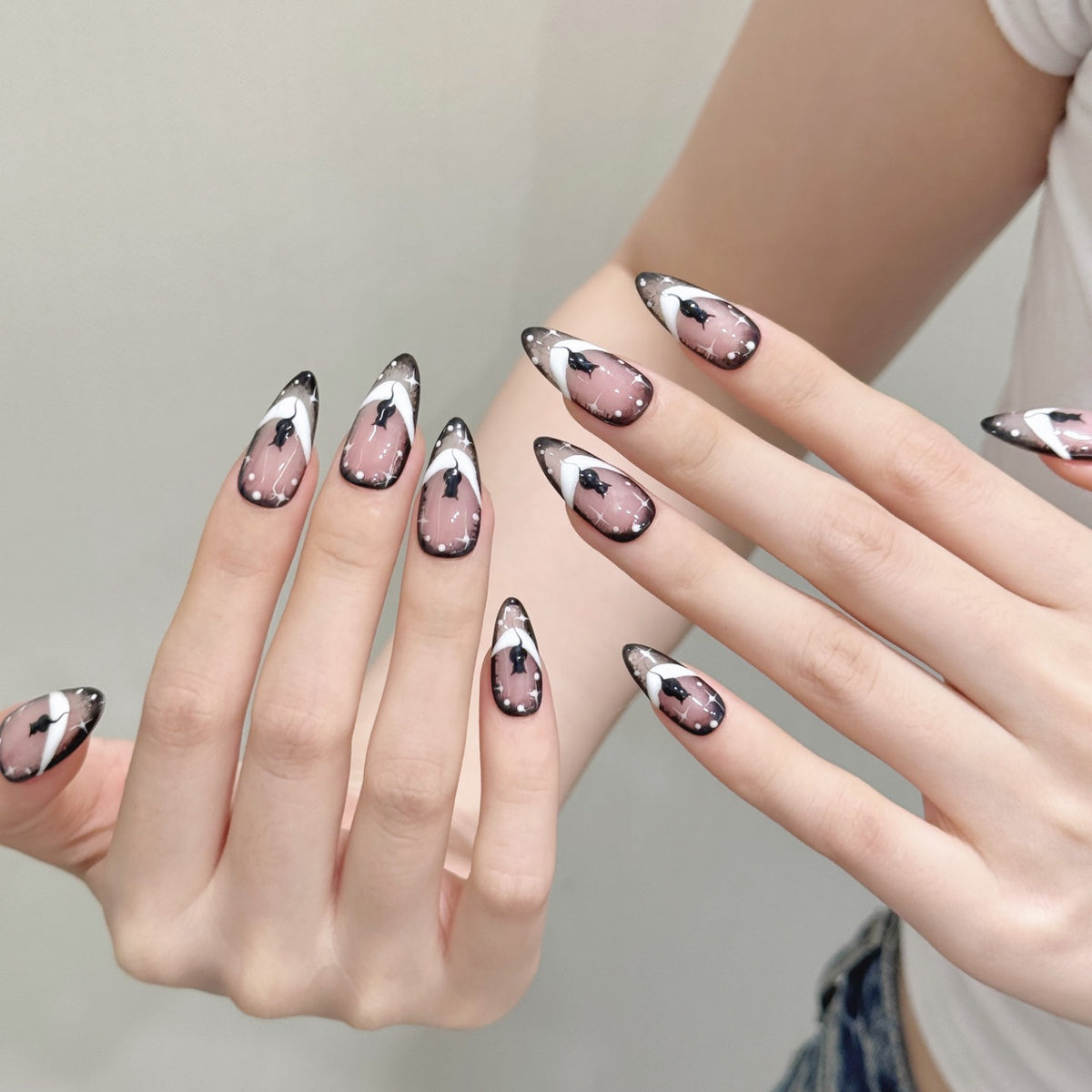 Midnight Black Cat Halloween Press On Nails – Almond French Tips | Removable and Reusable | Free Tool Kit Included
