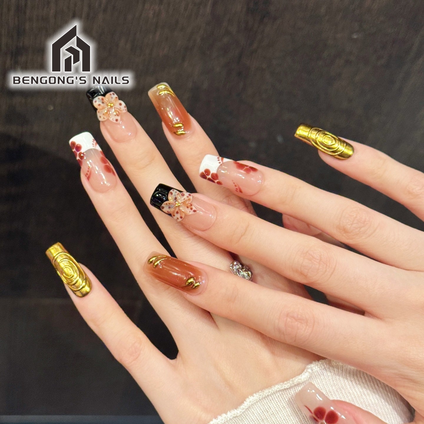 Caramel Floral Enamel-Inspired Handmade Press-On Nails |  Medium Square | Removable and Reusable | Free Tool Kit Included