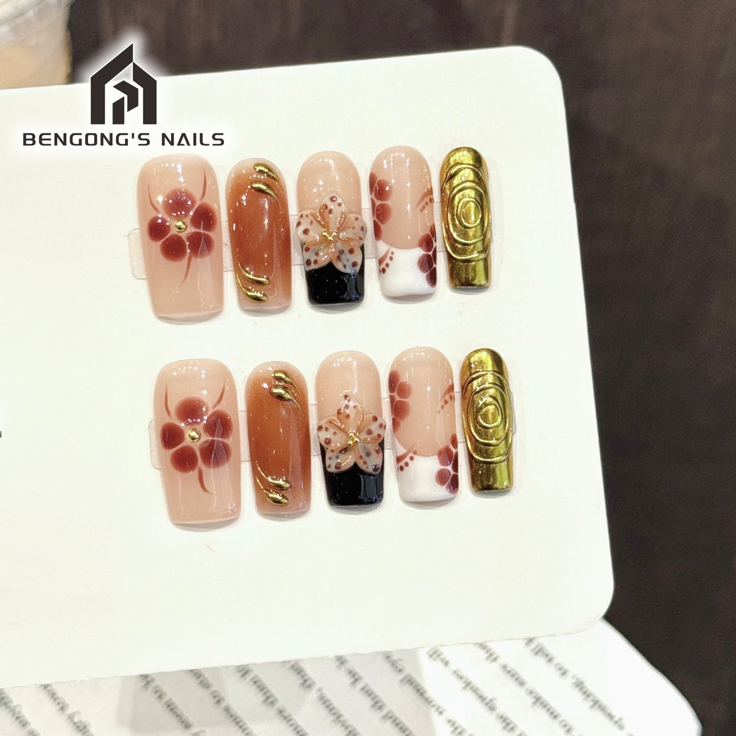 Caramel Floral Enamel-Inspired Handmade Press-On Nails |  Medium Square | Removable and Reusable | Free Tool Kit Included