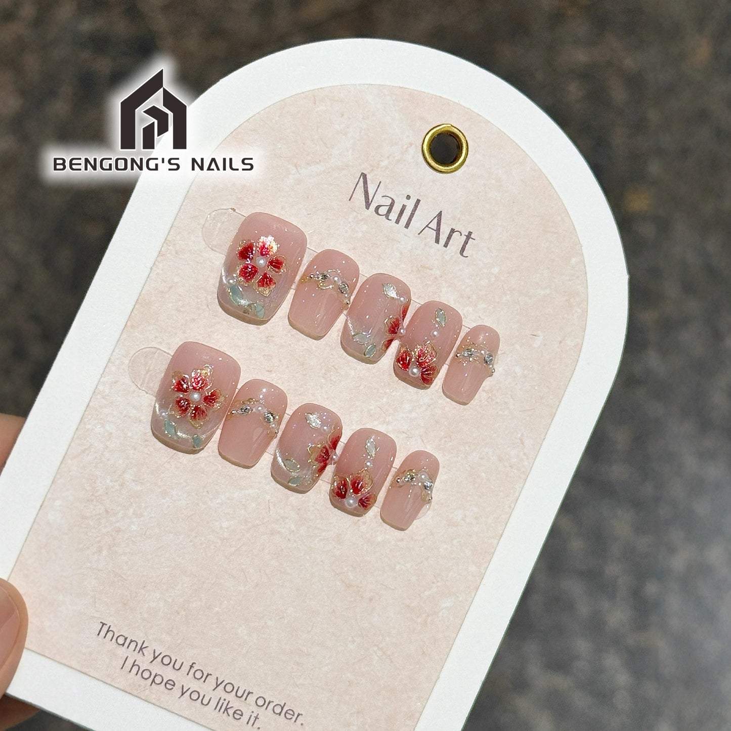 3 Nails Shapes | Blush Enamel-Inspired Red Florals | Handmade Press-On Nails | Removable and Reusable | Free Tool Kit Included