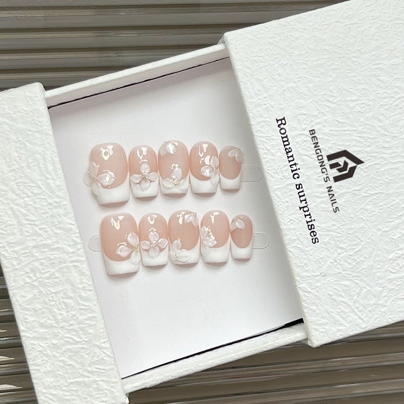 Blanc Fleur French | Medium-length square |Handmade Press-On Nails | Removable and Reusable | Free Tool Kit Included