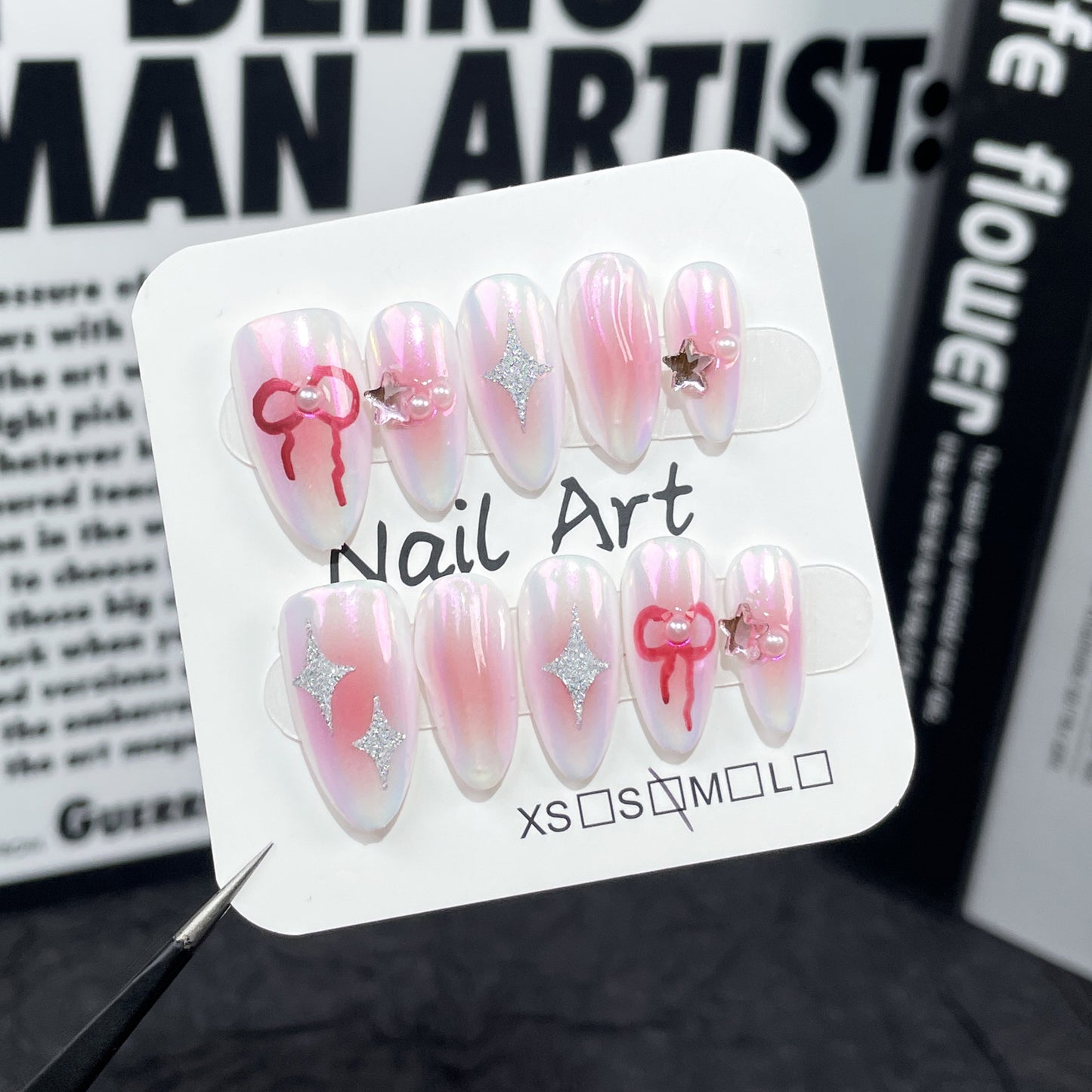 Short Almond White Aurora and Red Ombre Handcrafted Press-On Nails | Removable and Reusable | Free Tool Kit Included