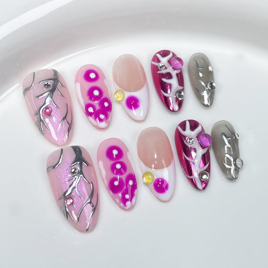 Medium Almond Pink with Hand-Painted Irregular Metallic Lines Handmade Press On Nails | Removable and Reusable | Free Tool Kit Included