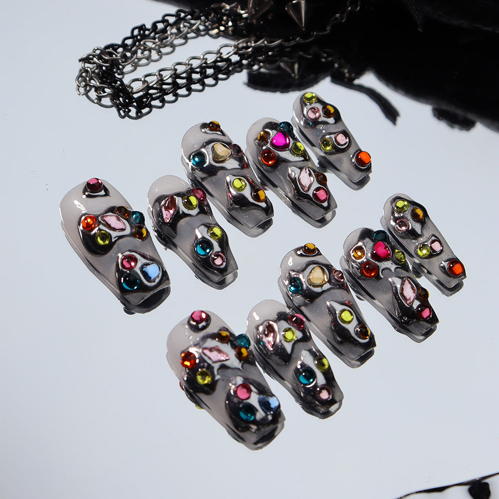 Medium Coffin Multicolored Gem & Hot Punk Metallic Style Handmade Press-On Nails | Removable and Reusable | Free Tool Kit Included