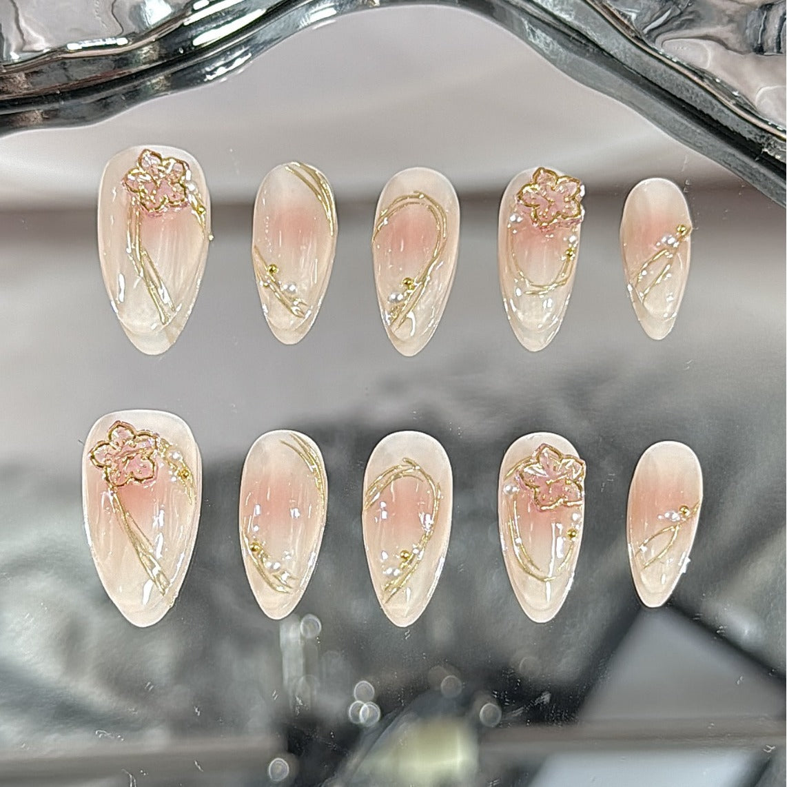 Medium Almond Blush Gradient & Gold Gel Hand-Painted Peach BlossomHandmade Press-On Nails | Removable and Reusable | Free Tool Kit Included
