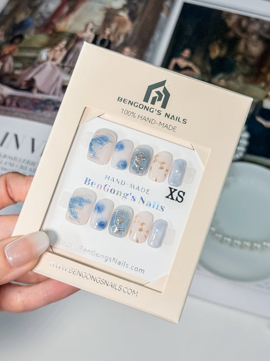 Blue Mist Garden | Short Square |Handmade Press-On Nails | Removable and Reusable | Free Tool Kit Included Regular