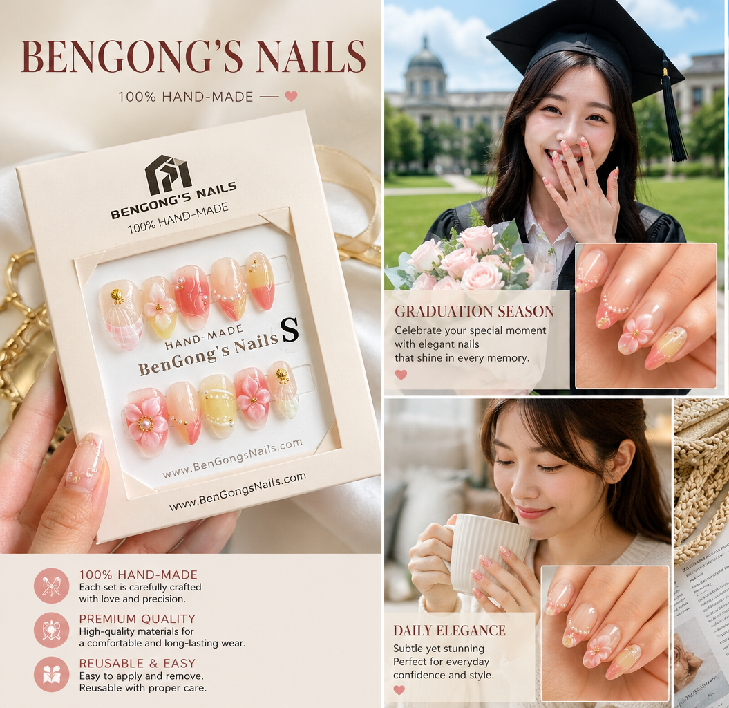 Blossom Promise | Short Almond | Handmade Press-On Nails | Removable and Reusable | Free Tool Kit Included