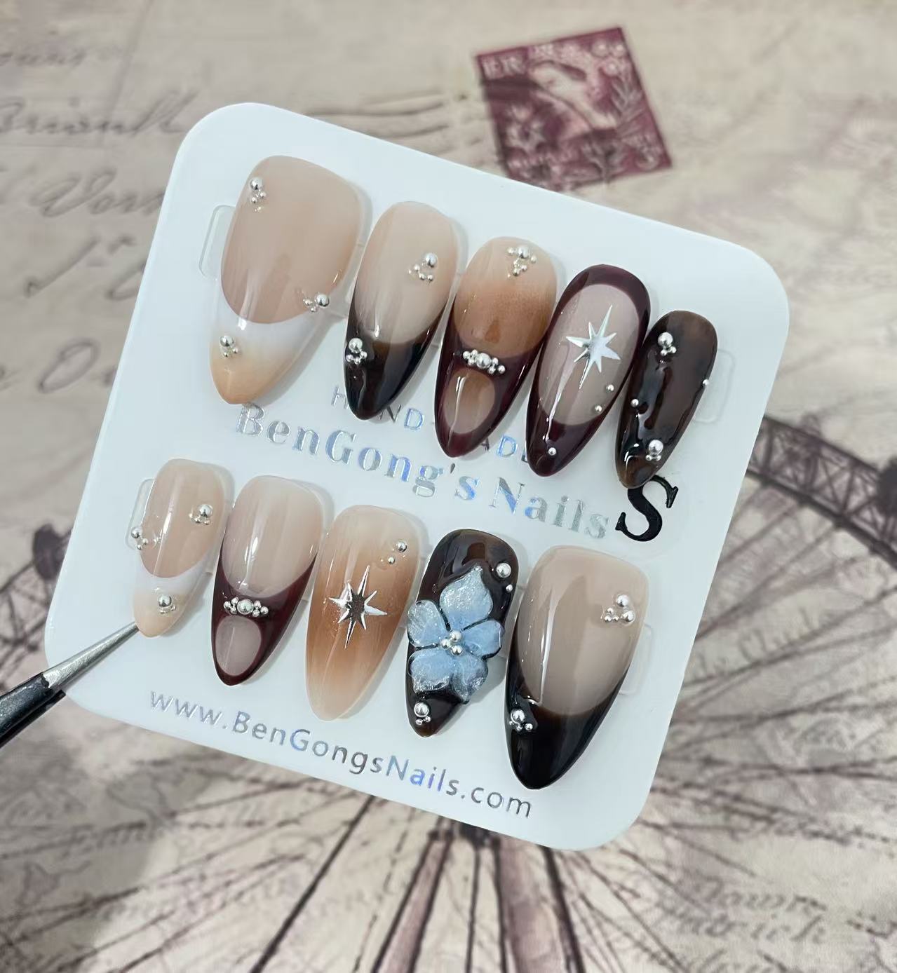 2 Shapes | Caramel Blossom | Handmade Press-On Nails | Removable and Reusable | Free Tool Kit Included