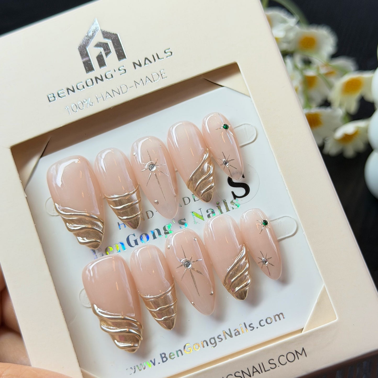 2 Shapes | Golden Whisper | Handmade Press-On Nails | Removable and Reusable | Free Tool Kit Included