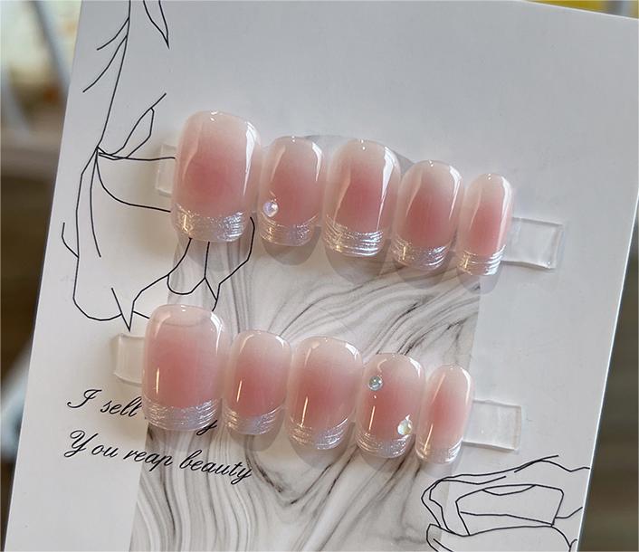 Short Trapezoidal Nude Blush French Style Handmade Press-On Nails | Removable and Reusable | Free Tool Kit Included