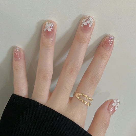 Ultra-Short Coffin Pink Ombre with Hand-Painted White Orchid Handmade Press On Nails | Removable and Reusable | Free Tool Kit Included