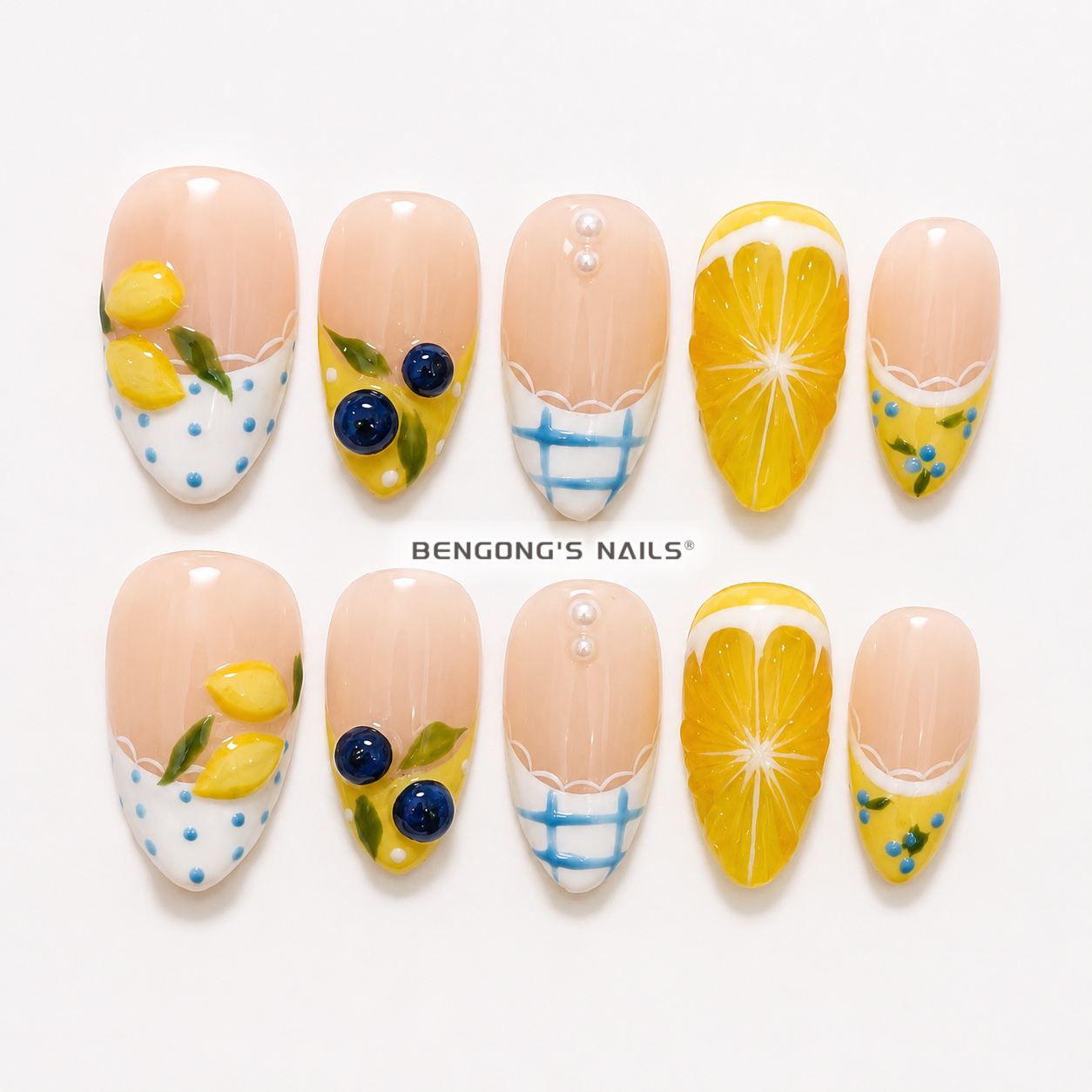 Amalfi Lemon Picnic | Short Almond Handmade Press-On Nails | Handmade Press-On Nails | Removable and Reusable | Free Tool Kit Included