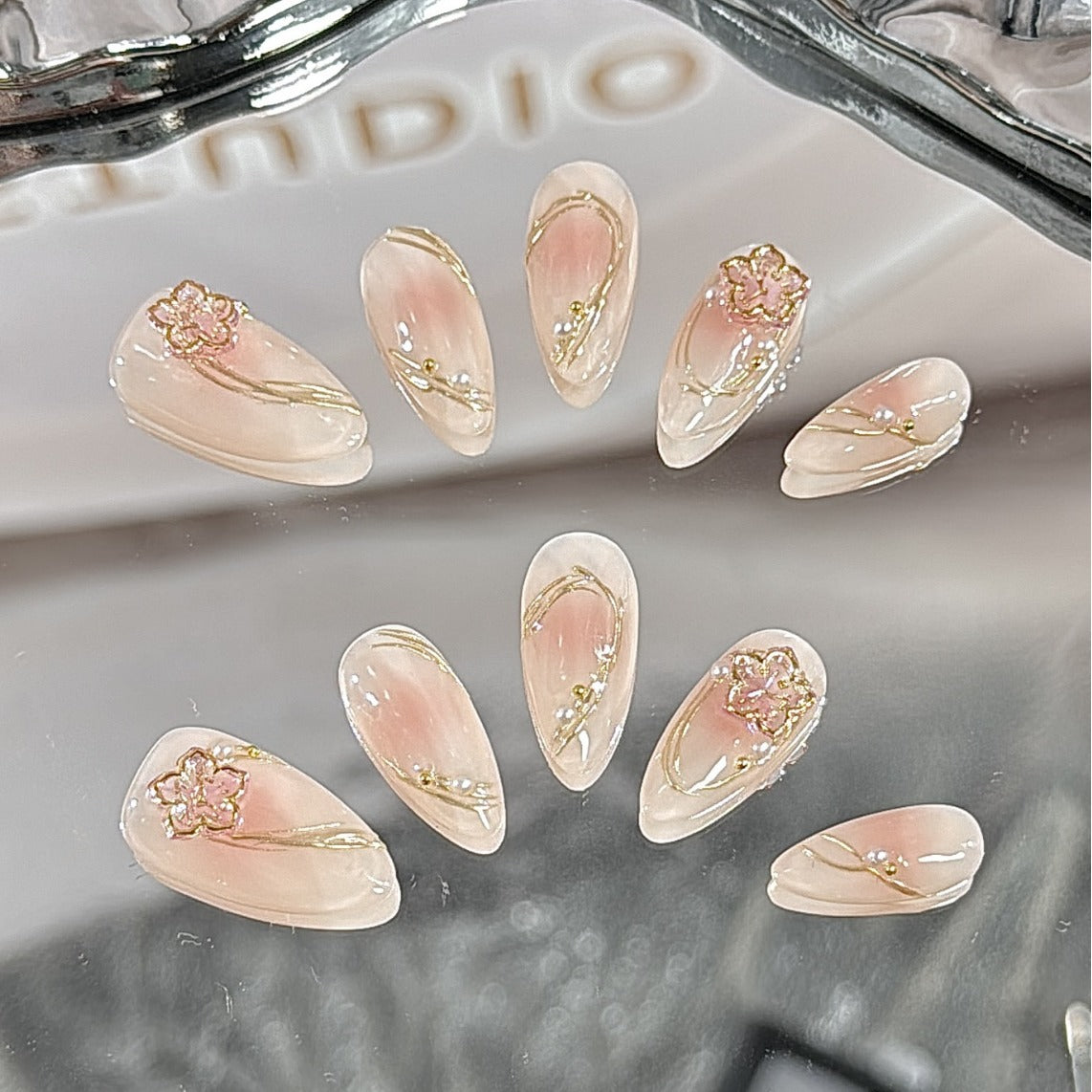 Medium Almond Blush Gradient & Gold Gel Hand-Painted Peach BlossomHandmade Press-On Nails | Removable and Reusable | Free Tool Kit Included