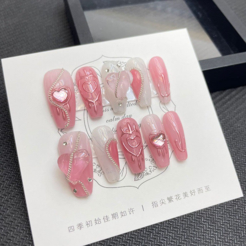 Glitter Press On Nails|Pink Melting Heart Press on Nails with Chain|kawaii nails relief oil painting nails|Free Tool Kit Set Included
