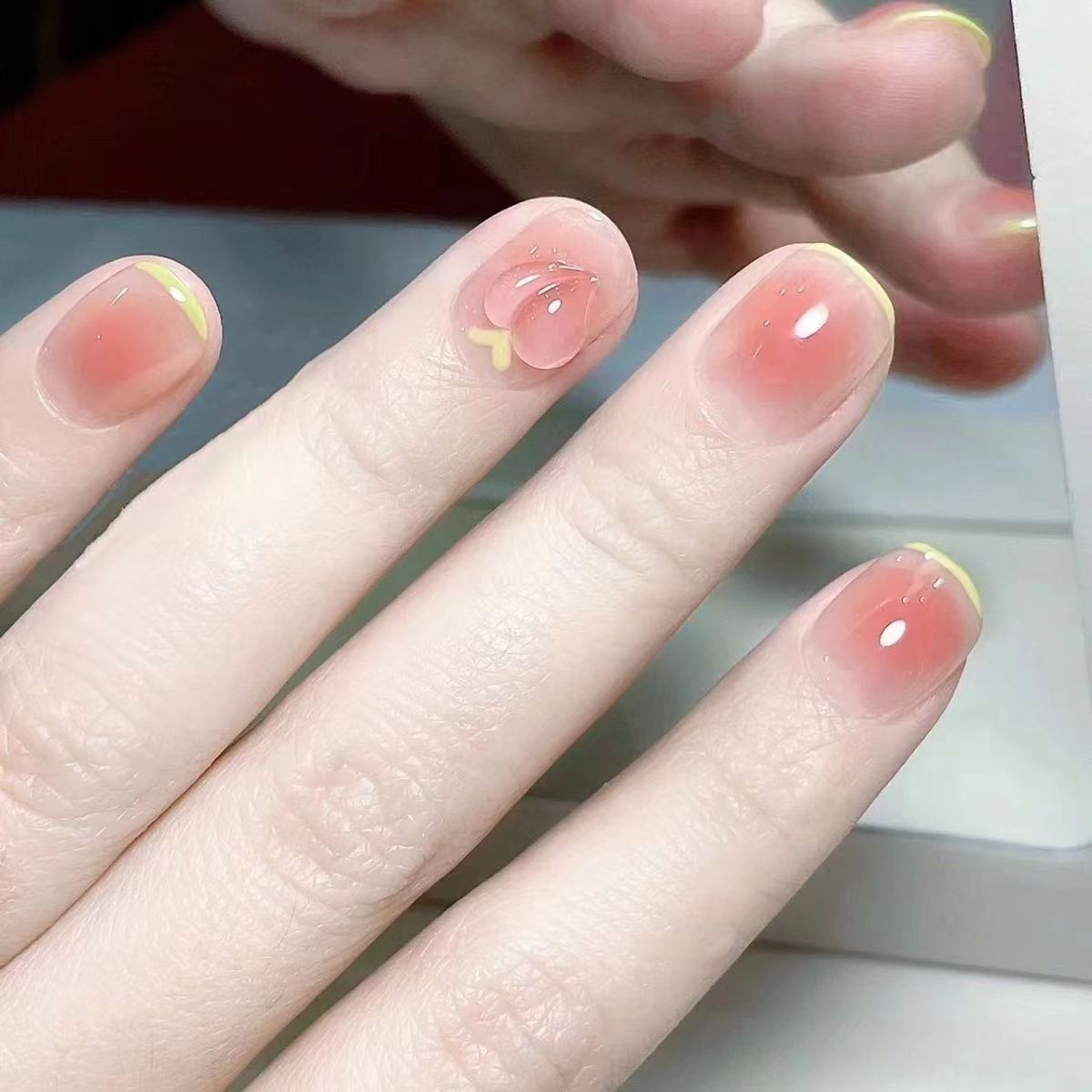 Ultra-Short Coffin Nude Blush Ombre Embossed Peach Press-On Nails | Removable and Reusable | Free Tool Kit Included