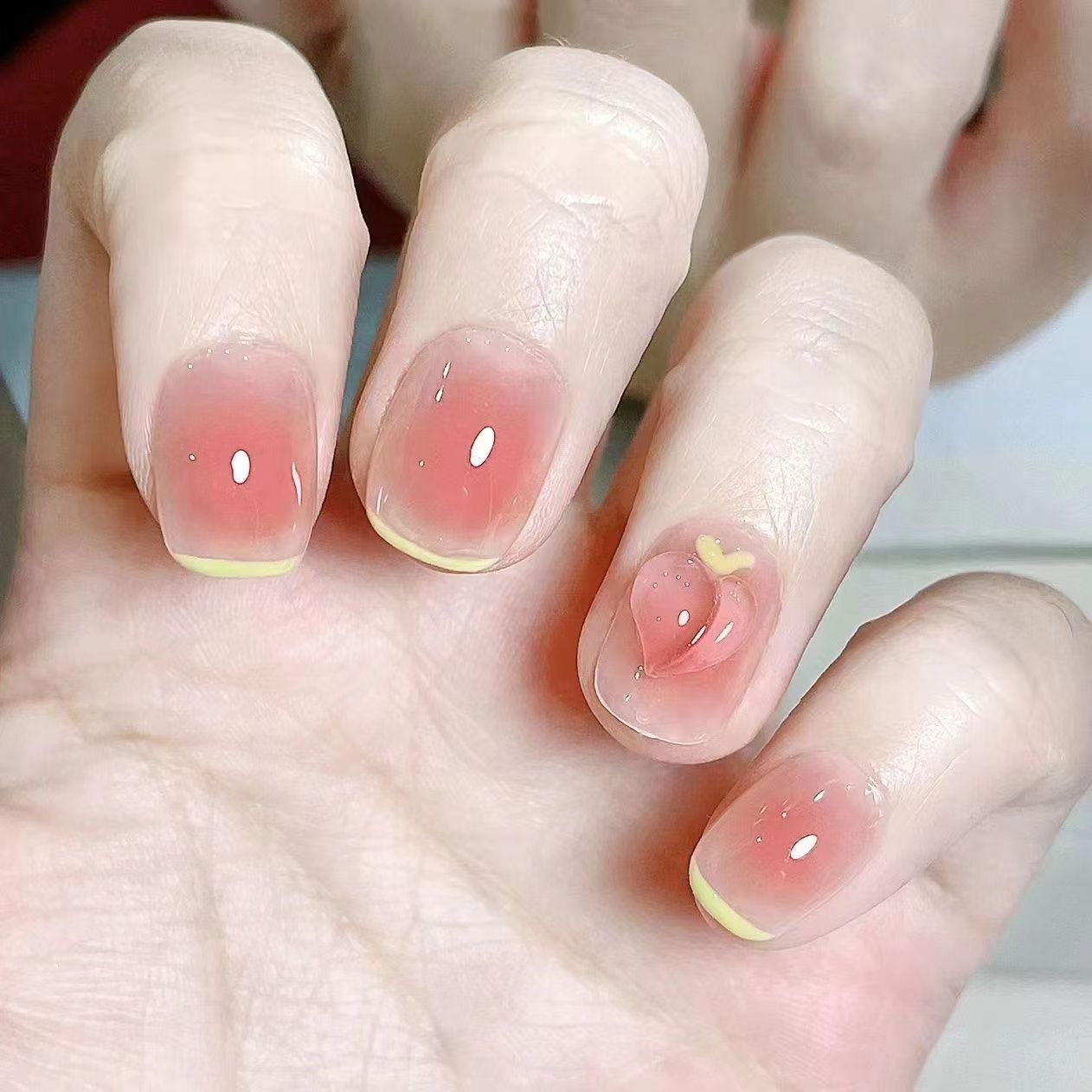 Ultra-Short Coffin Nude Blush Ombre Embossed Peach Press-On Nails | Removable and Reusable | Free Tool Kit Included
