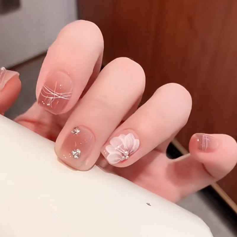 Short Coffin Brown Cat Eye with Hand-Painted White Orchid Handmade Wearable Nails | Removable and Reusable | Free Tool Kit Included
