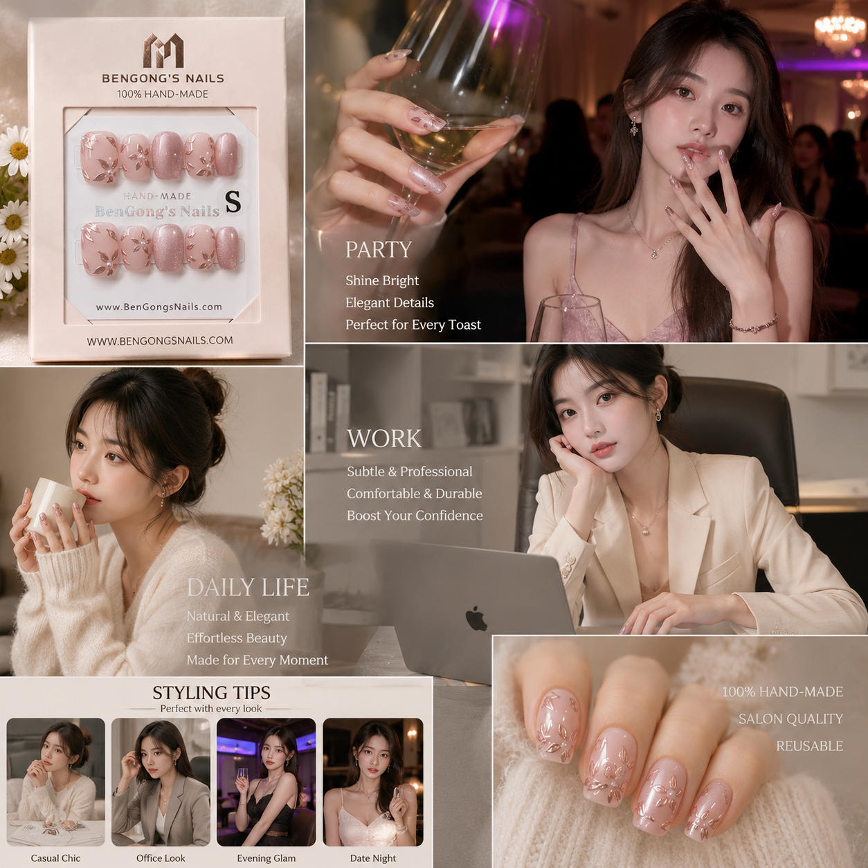 Rosé Petal | Short Square | Handmade Press-On Nails | Removable and Reusable | Free Tool Kit Included