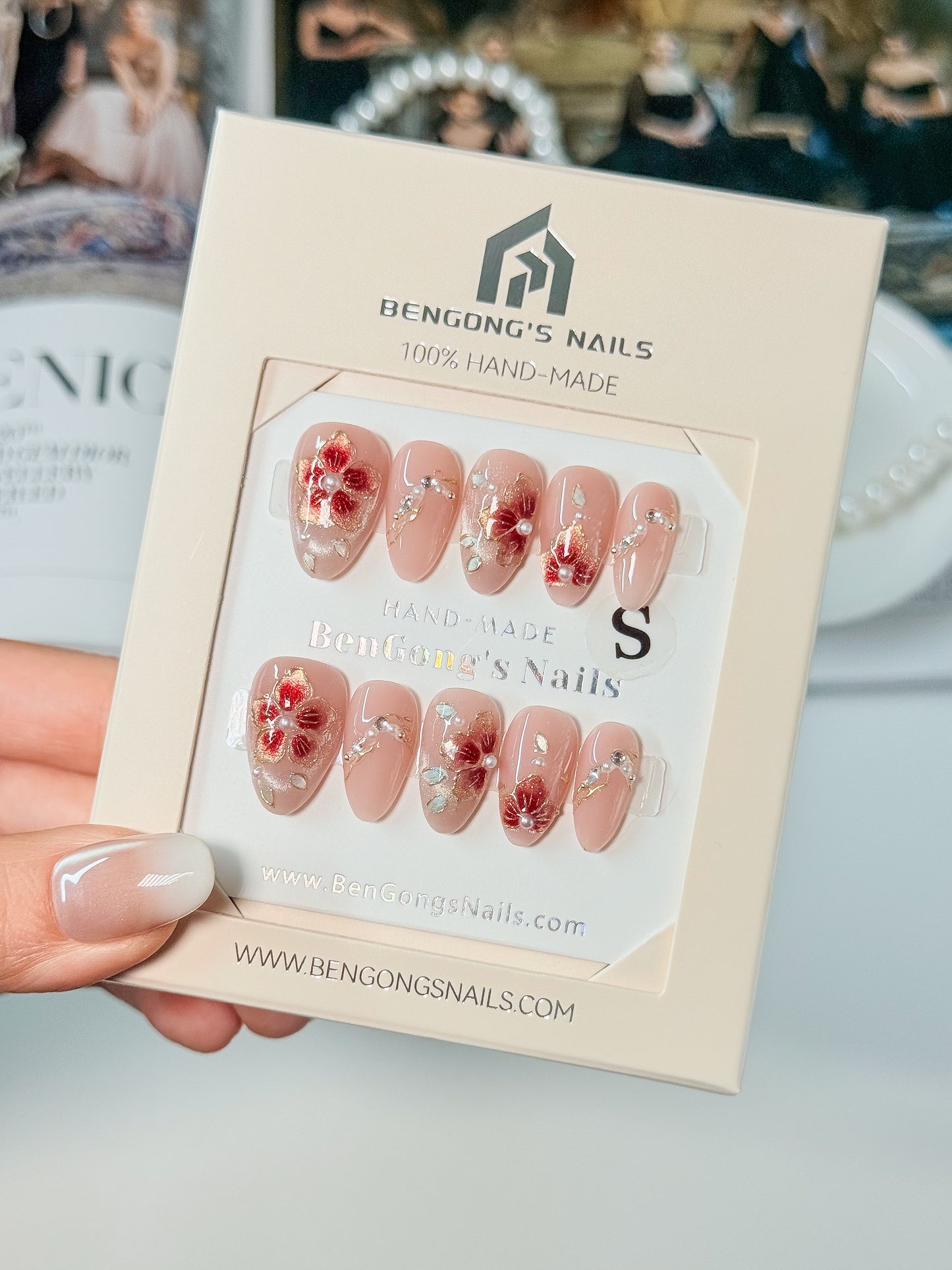 3 Nails Shapes | Blush Enamel-Inspired Red Florals | Handmade Press-On Nails | Removable and Reusable | Free Tool Kit Included