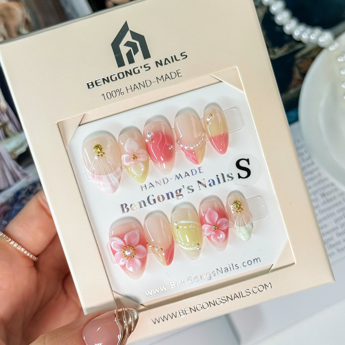 Blossom Promise | Short Almond | Handmade Press-On Nails | Removable and Reusable | Free Tool Kit Included