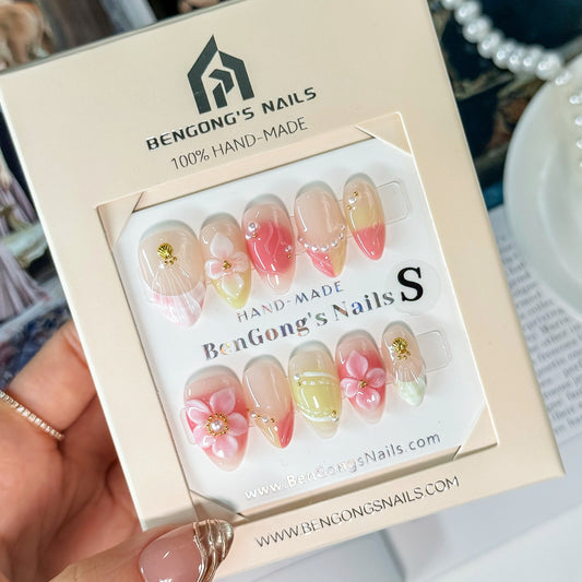 Blossom Promise | Short Almond | Handmade Press-On Nails | Removable and Reusable | Free Tool Kit Included