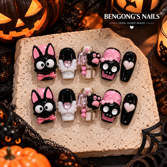 Pink Black Cat Halloween Press On Nails – 3D Kawaii Nails | Removable and Reusable | Free Tool Kit Included