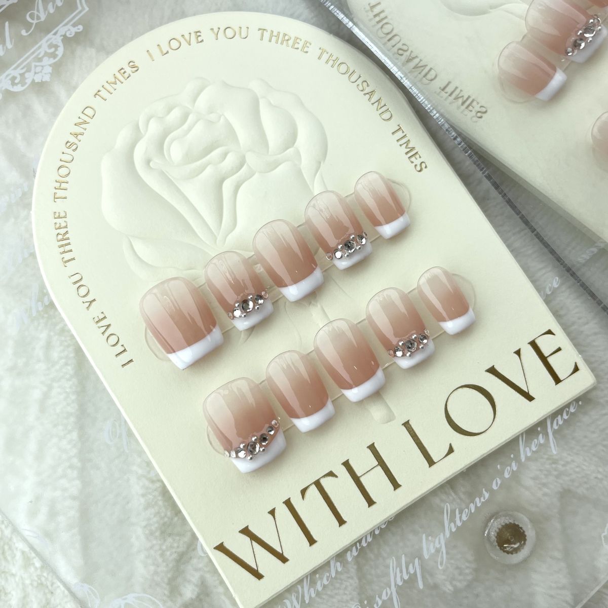 Short Square Nude Gradient Milky White French Tip & Rhinestone Accents Handmade Press-On Nails | Removable and Reusable | Free Tool Kit Included