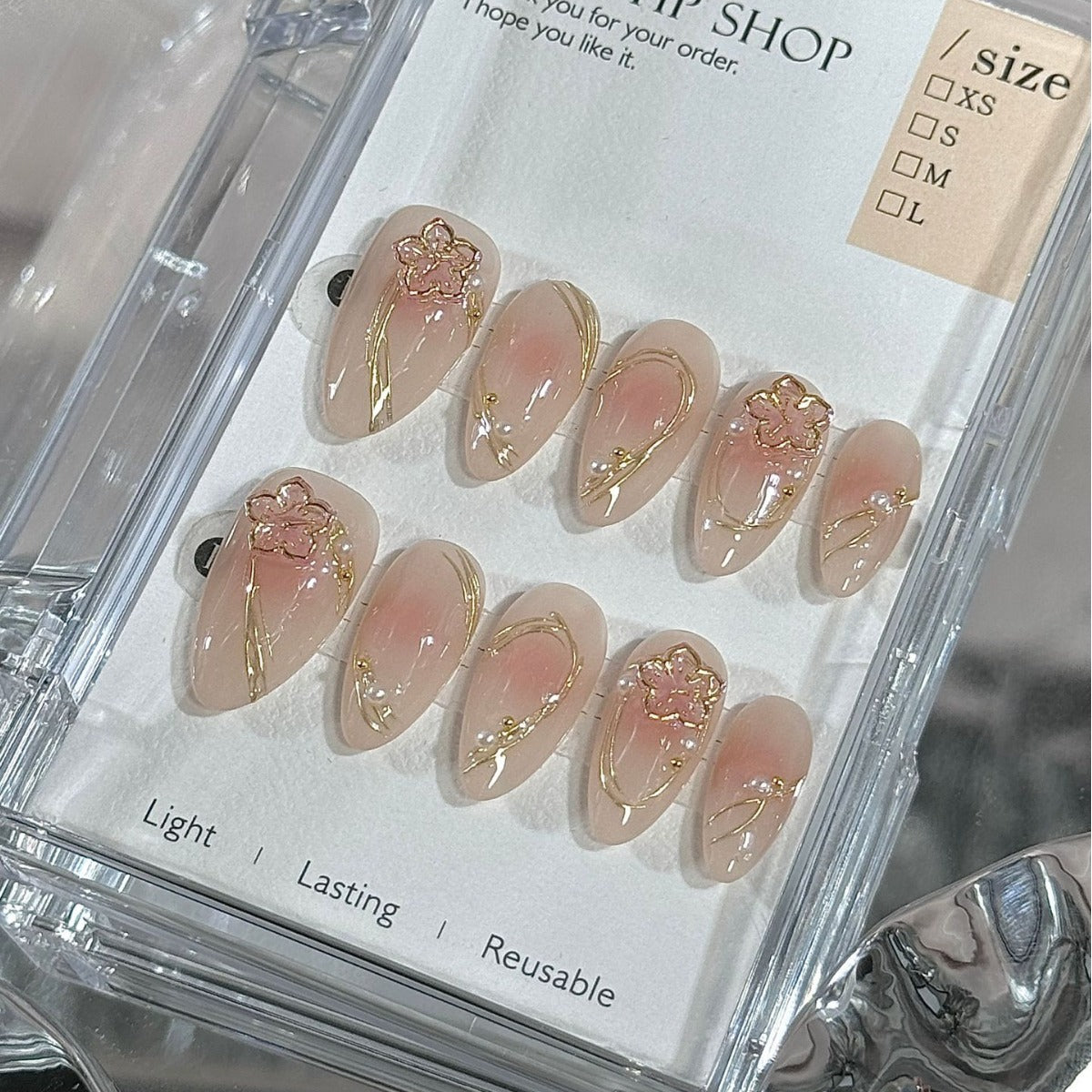 Medium Almond Blush Gradient & Gold Gel Hand-Painted Peach BlossomHandmade Press-On Nails | Removable and Reusable | Free Tool Kit Included