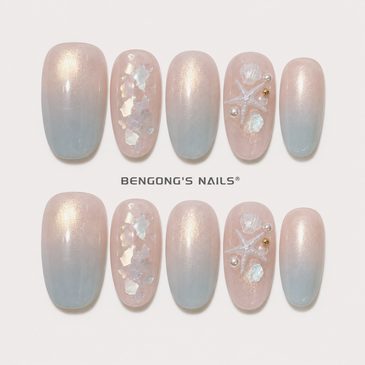Ocean Pearl Seashell Press-On Nails – Blue Cat Eye Starfish Beach Nails | Oval | Handmade Press-On Nails | Removable and Reusable | Free Tool Kit Included