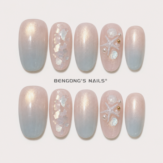 Ocean Pearl Seashell Press-On Nails – Blue Cat Eye Starfish Beach Nails | Oval | Handmade Press-On Nails | Removable and Reusable | Free Tool Kit Included