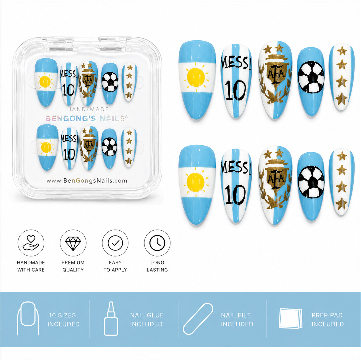 Champion's Glory – Limited Edition |  Medium Almond | Handmade Press-On Nails | Removable and Reusable | Free Tool Kit Included