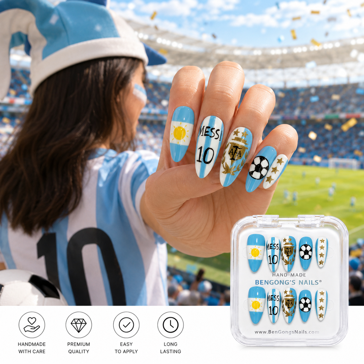 Champion's Glory – Limited Edition |  Medium Almond | Handmade Press-On Nails | Removable and Reusable | Free Tool Kit Included
