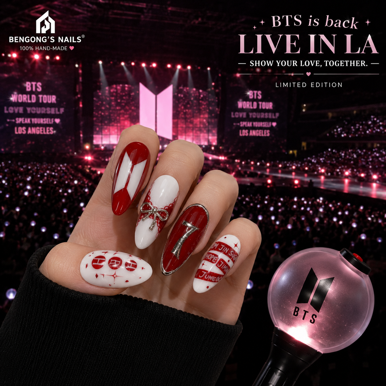 BTS ARMY Concert Nails – OT7 Limited Edition | Meduim Almond | Handmade Press-On Nails | Removable and Reusable | Free Tool Kit Included