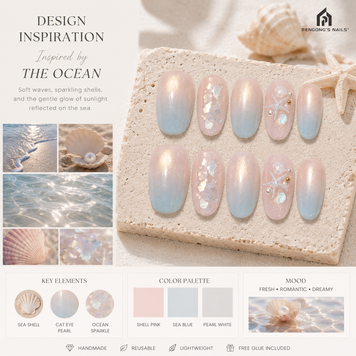 Ocean Pearl Seashell Press-On Nails – Blue Cat Eye Starfish Beach Nails | Oval | Handmade Press-On Nails | Removable and Reusable | Free Tool Kit Included