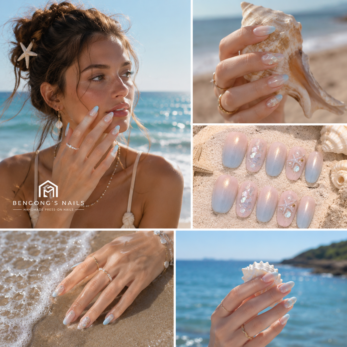 Ocean Pearl Seashell Press-On Nails – Blue Cat Eye Starfish Beach Nails | Oval | Handmade Press-On Nails | Removable and Reusable | Free Tool Kit Included